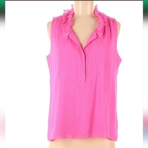 J Crew hot pink blouse w ruffle neck/ placket. Size 0